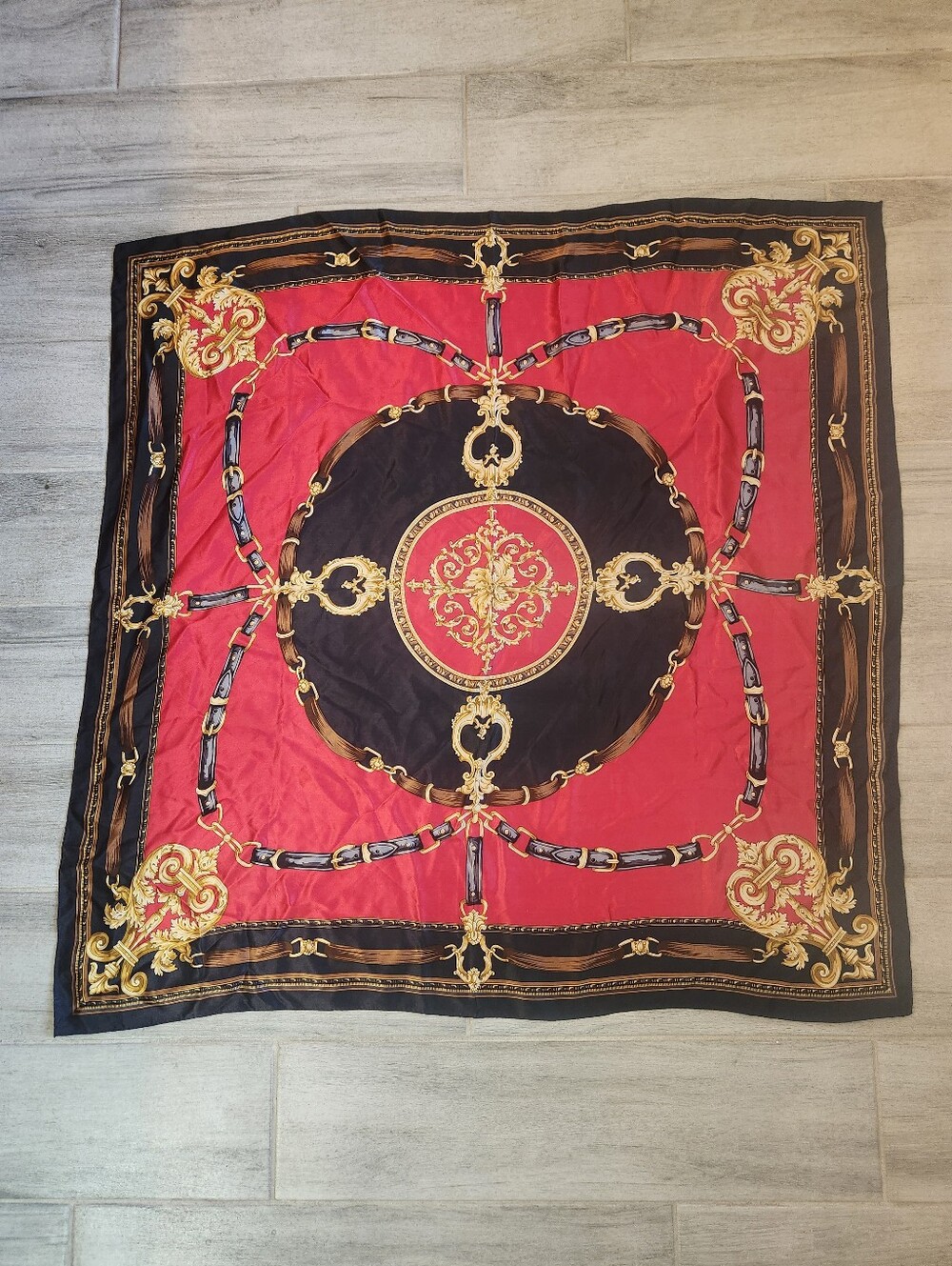 Statement Square Scarf Black Red Gold Roman Greek Belts Buckles Carre Equestrian